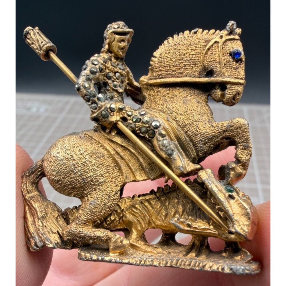 Vintage DeNicola St George and Dragon Knight Slaying Dragon Rhinestone Brooch